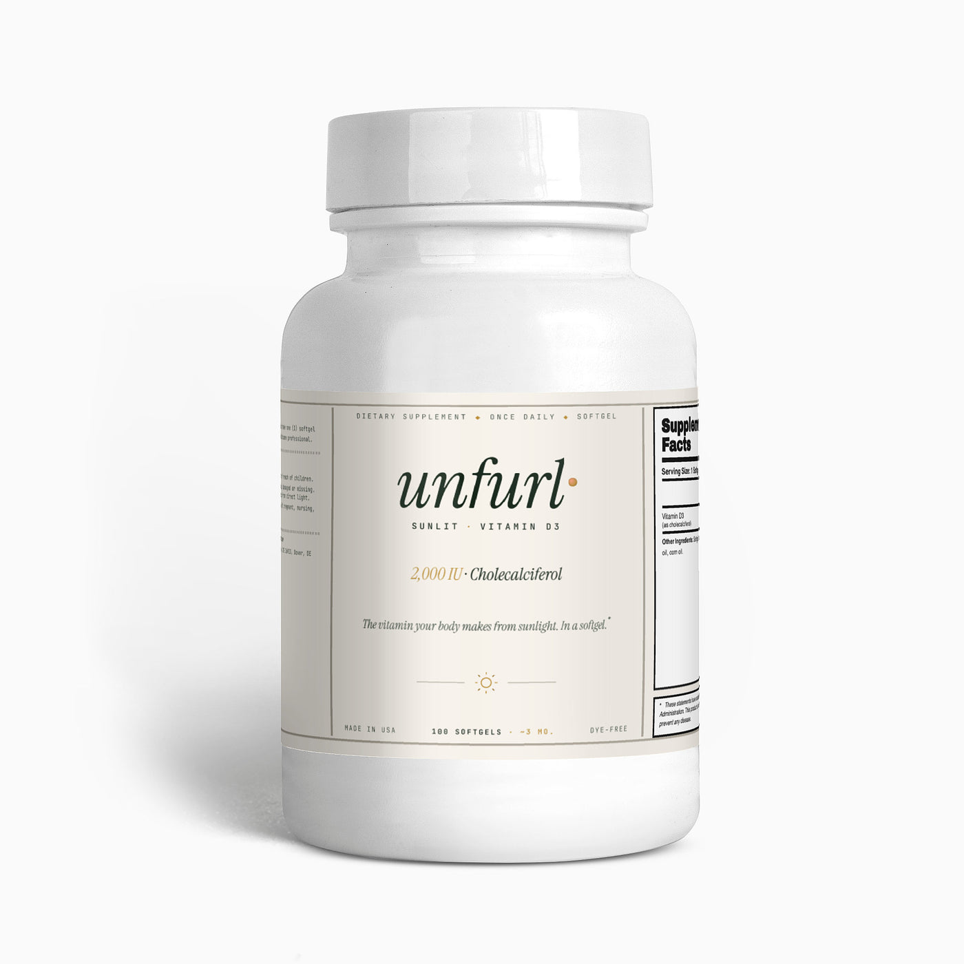 Unfurl Hair Vitamin D3 2,000 IU softgel bottle, front label